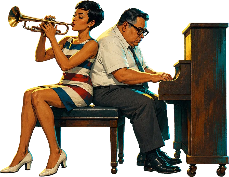 Cora meniup trompet sambil duduk di bangku piano yang sama dengan Ramon Dizon, bahu mereka menempel saat Ramon bermain.