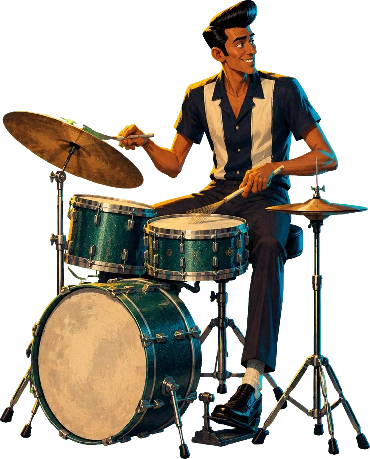 Ernie Salcedo, rambut pompadour tinggi, memainkan drum dengan sapu kawat sambil menyeringai.